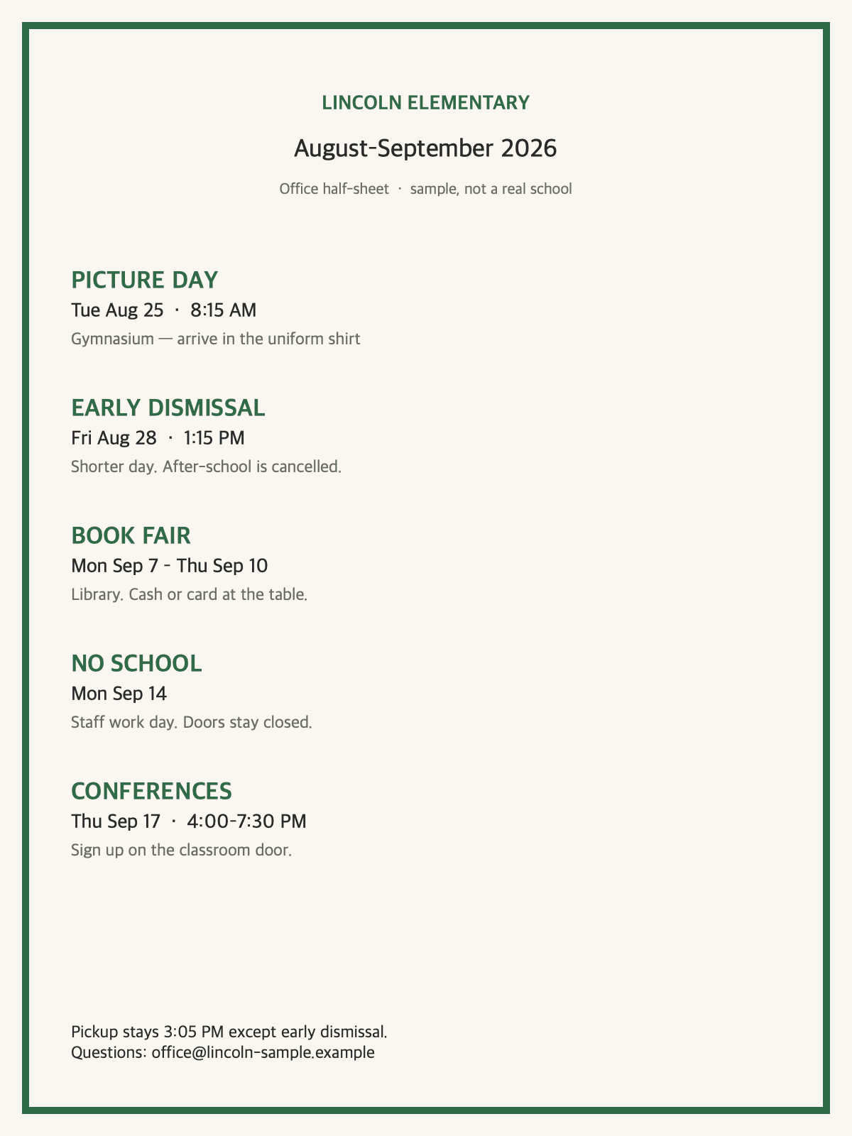 Sample elementary school flyer we drew: picture day, early dismissal, book fair, and a no-school Monday.