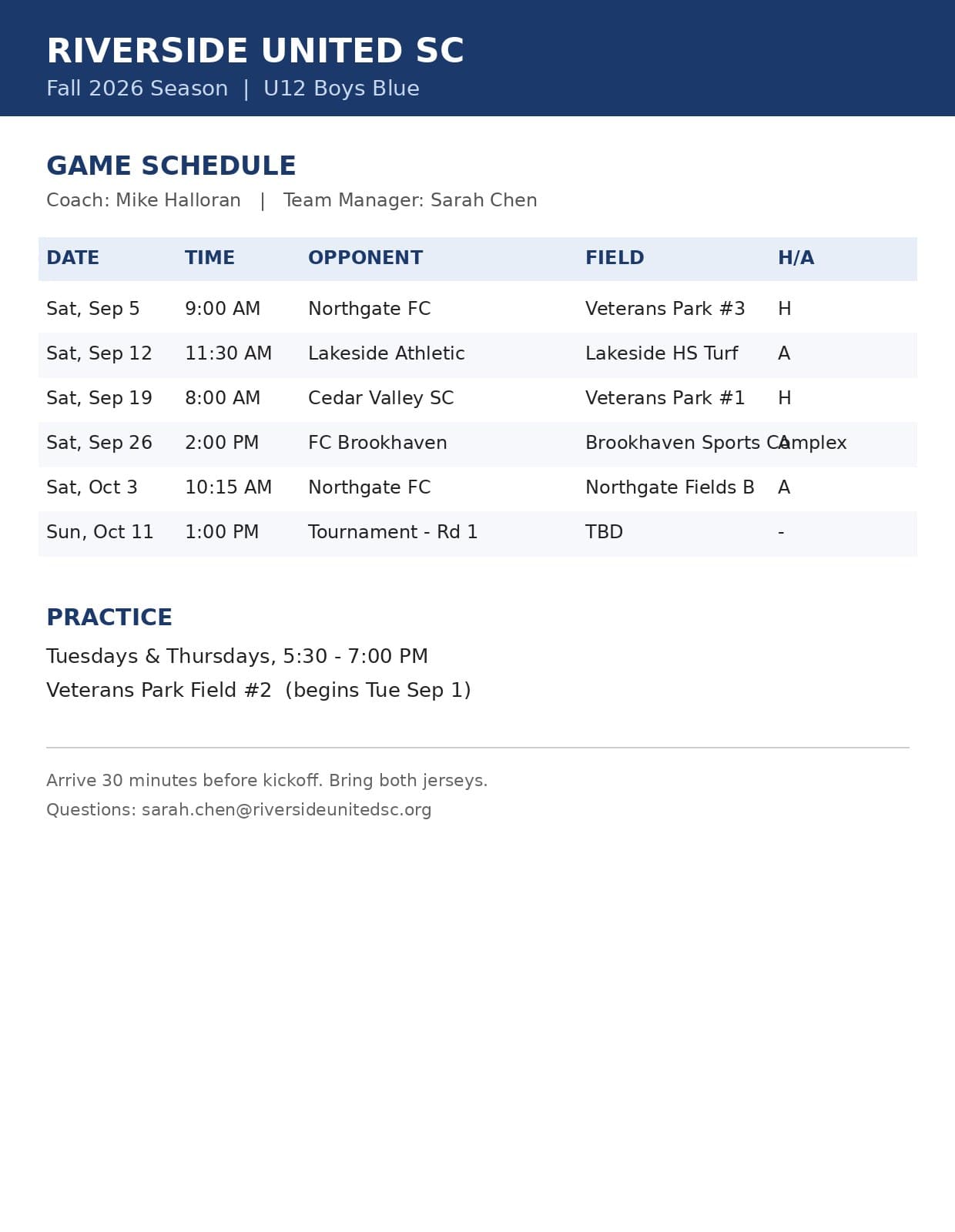 Sample youth soccer season table we drew: dates, kickoff times, opponents, and home or away fields.
